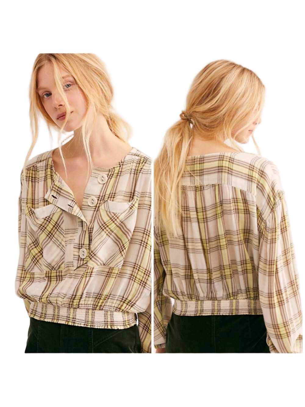 🦢Free People Plaid in ivory brown cropped button top size S GUC